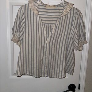 Striped Button-Front Top with Lace Trim - Blue and Cream